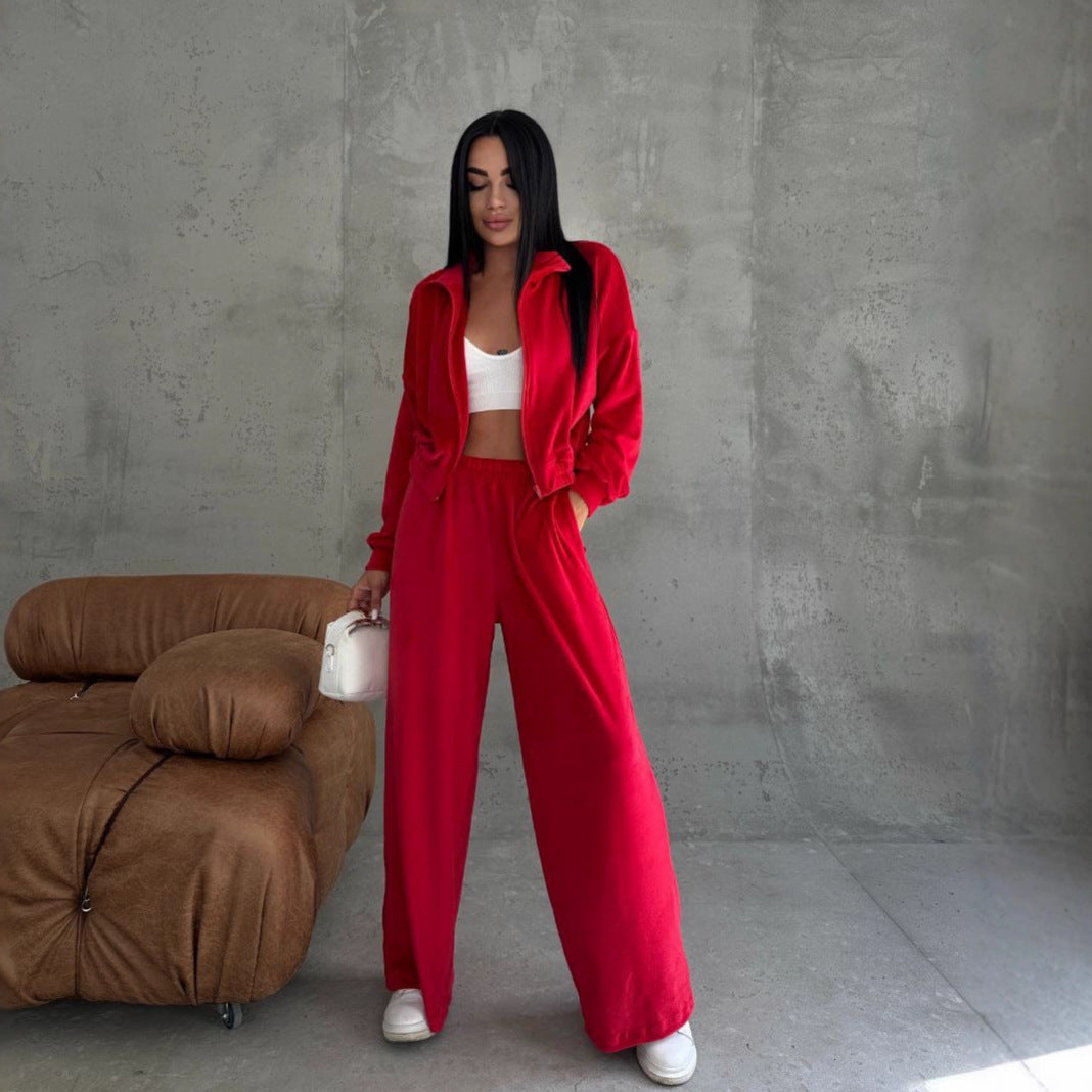 Damen Samt-Loungewear-Set mit kurzem Reißverschluss und geraffter Taillenpartie EB