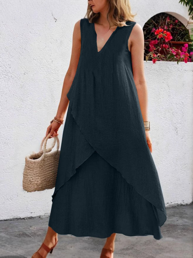 Damen Lässiges Maxikleid mit überlappendem Volant und modernem V-Ausschnitt EB