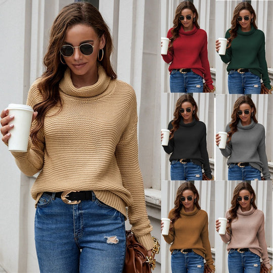 Damen gemusterter Strickpullover mit hohem Kragen und lockerer Passform EB