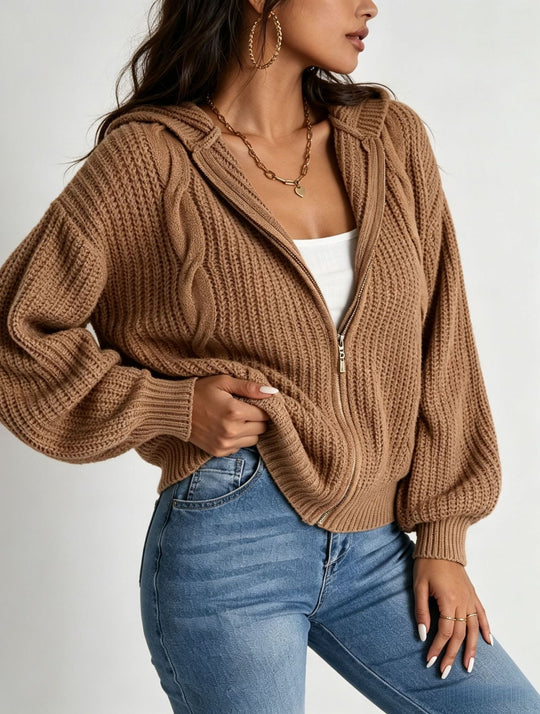 Damen Kapuzen-Cardigan im Grobstrick mit Zopfmuster und Reißverschluss EB