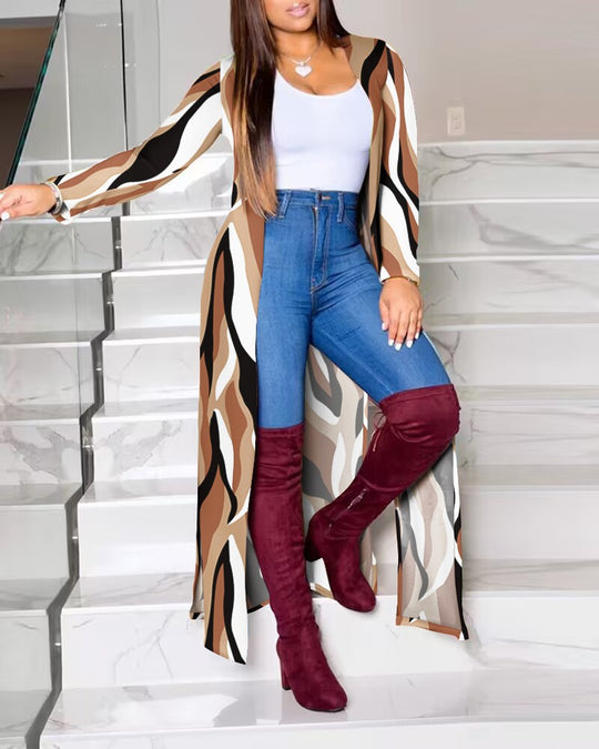 Damen Lange Strickjacke mit modernem grafischem Muster EB