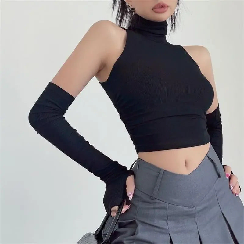 Damen Langarm Crop-Top mit Stehkragen und figurbetontem Schnitt EB