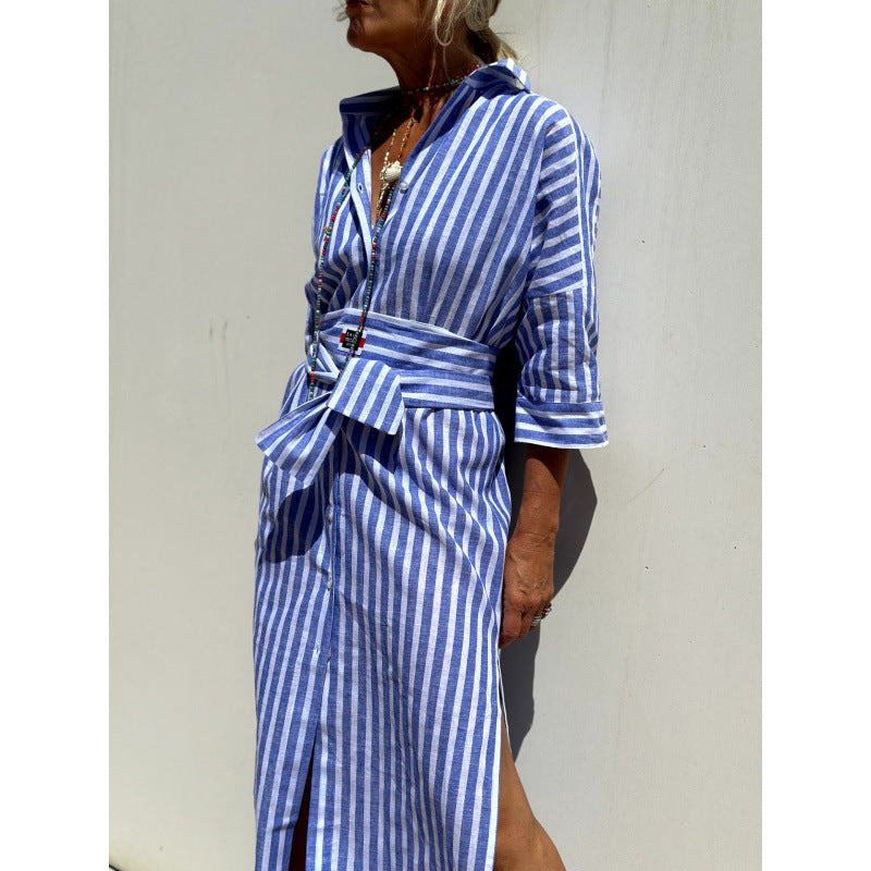 Damen Langarmhemd Kleid mit Gürtel und Streifen EB