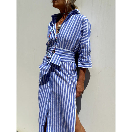 Damen Langarmhemd Kleid mit Gürtel und Streifen EB