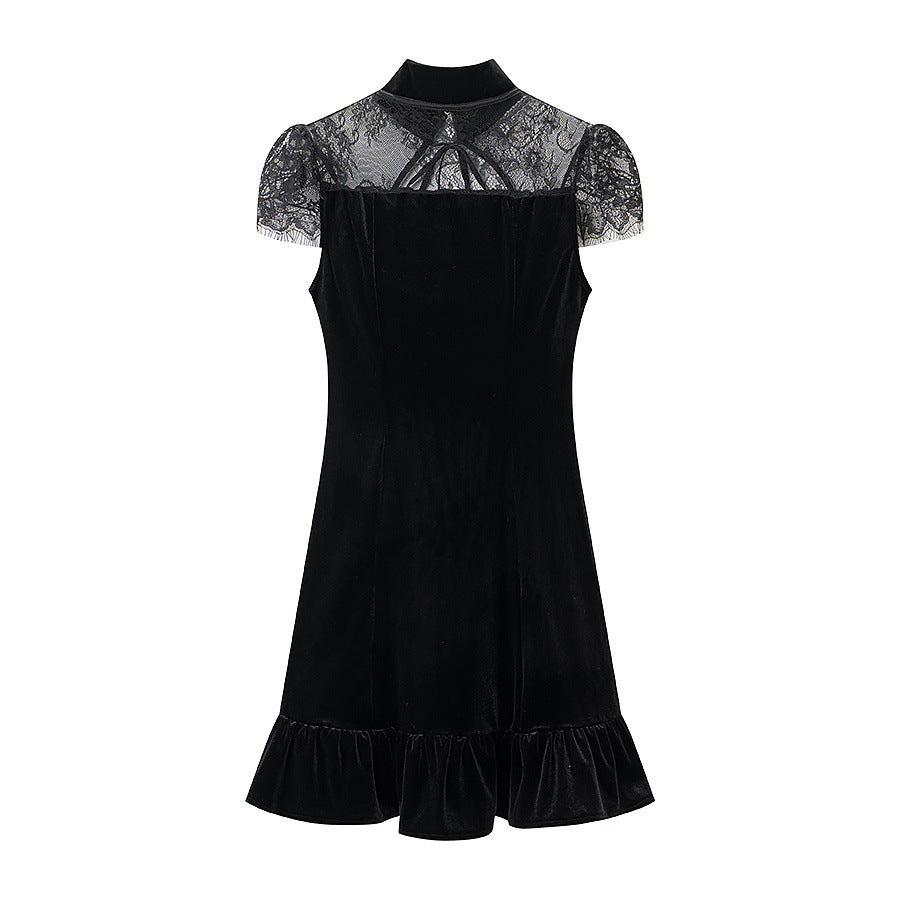 Damen Abendkleid mit transparenten Spitzenärmel und Rüschensaum EB