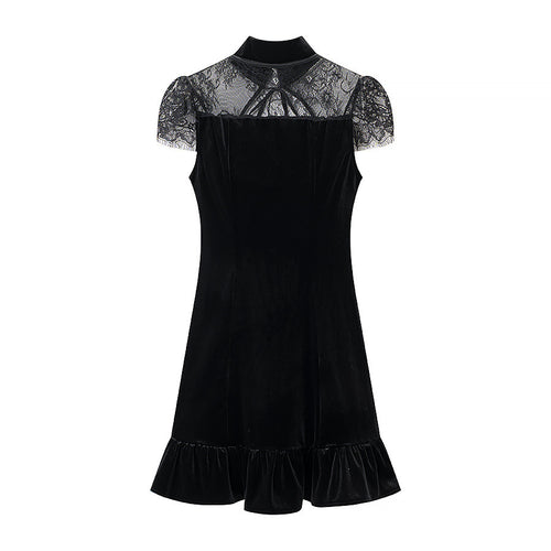 Damen Abendkleid mit transparenten Spitzenärmel und Rüschensaum EB