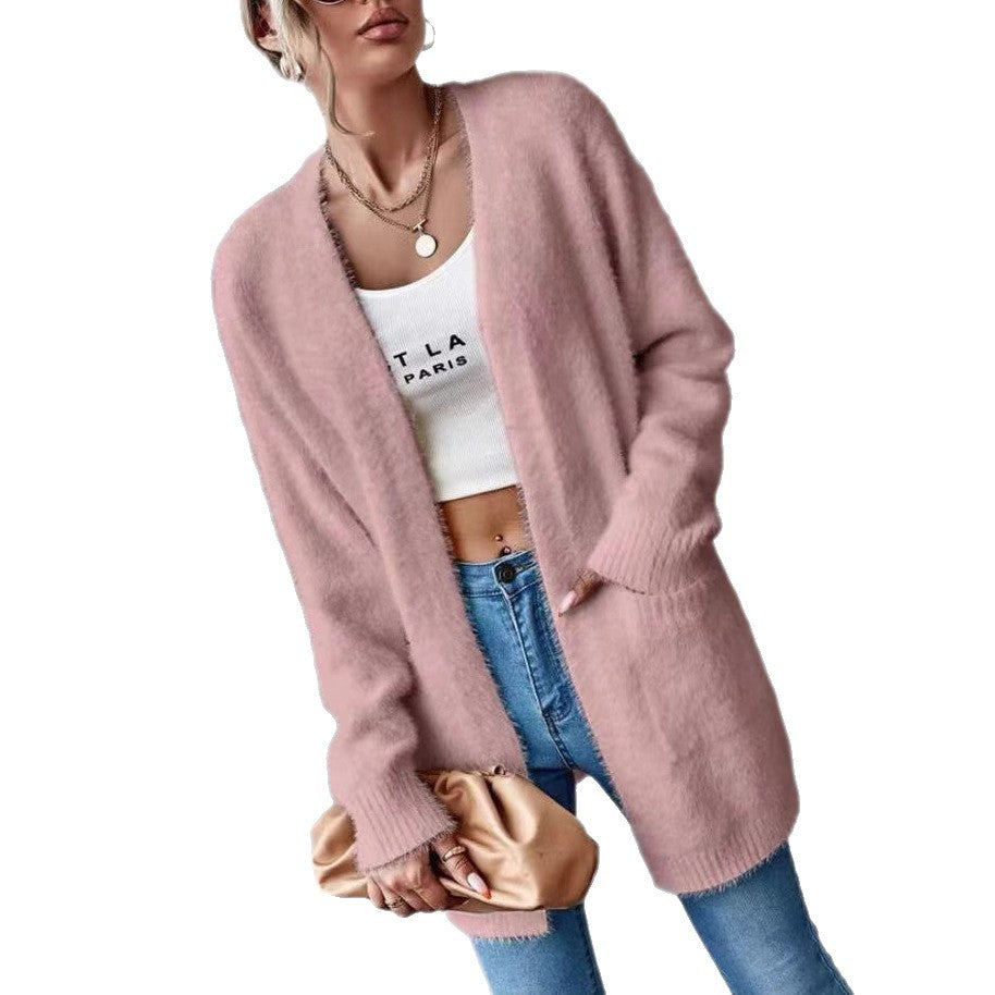 Damen Flauschiger Offener Cardigan aus weichem Material EB