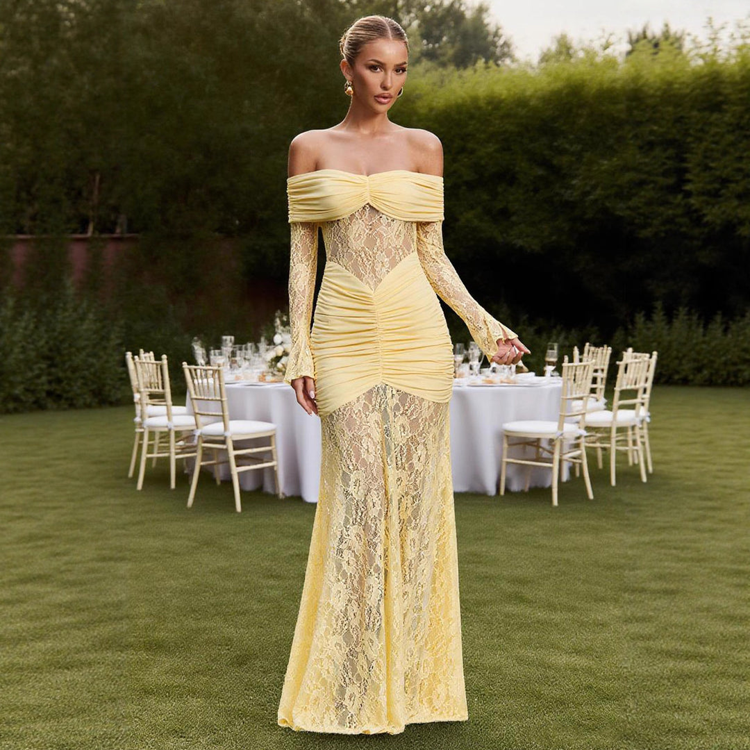 Damen Elegantes Spitzen Abendkleid mit schulterfreier Silhouette und raffinierten Rüschendetails EB