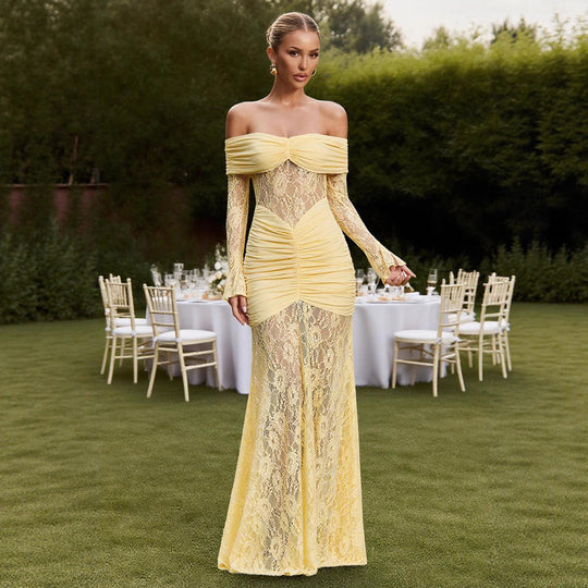 Damen Elegantes Spitzen Abendkleid mit schulterfreier Silhouette und raffinierten Rüschendetails EB