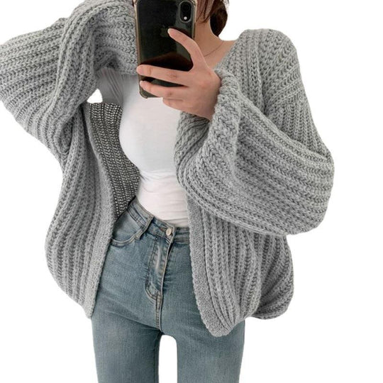 Damen grob gestrickte Oversized Cardigan mit tiefem V-Ausschnitt EB