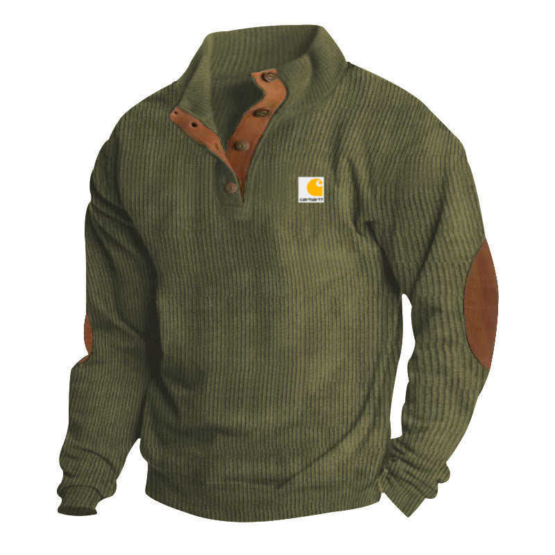 Herren nan Strickpullover im Troyer-Stil mit Stehkragen Lederbesatz Druckknopfleiste und Ellbogen-Patches EB