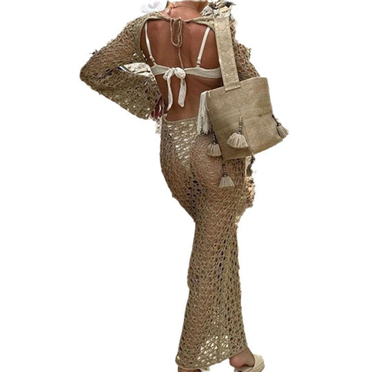 Damen Elegantes Häkel-Maxikleid mit weitem Schnitt und feinen Details EB
