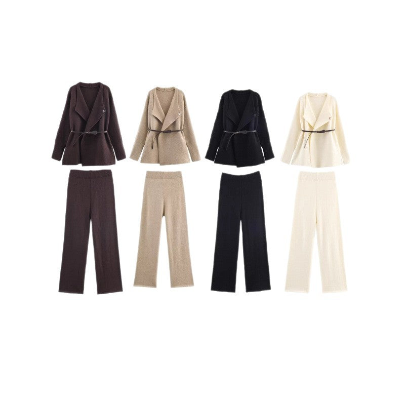 Damen elegantes Strickset mit tailliertem Blazer und weitem Hosenbein EB
