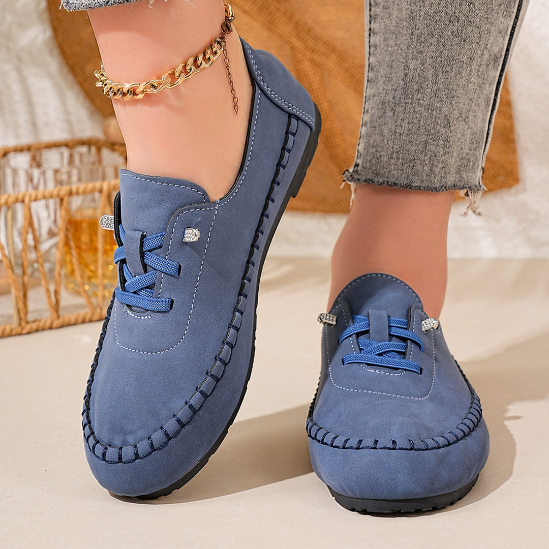 Damen nan atmungsaktive Mokassin-Slipper aus Mikrofaser mit elastischer Schnürung und rutschfester Gummisohle EB