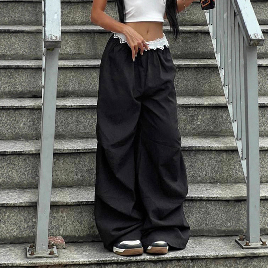 Damen nan Loungewear Schlafhose mit mehrlagigen Volants, elastischem Spitzenbund und weitem Bein EB