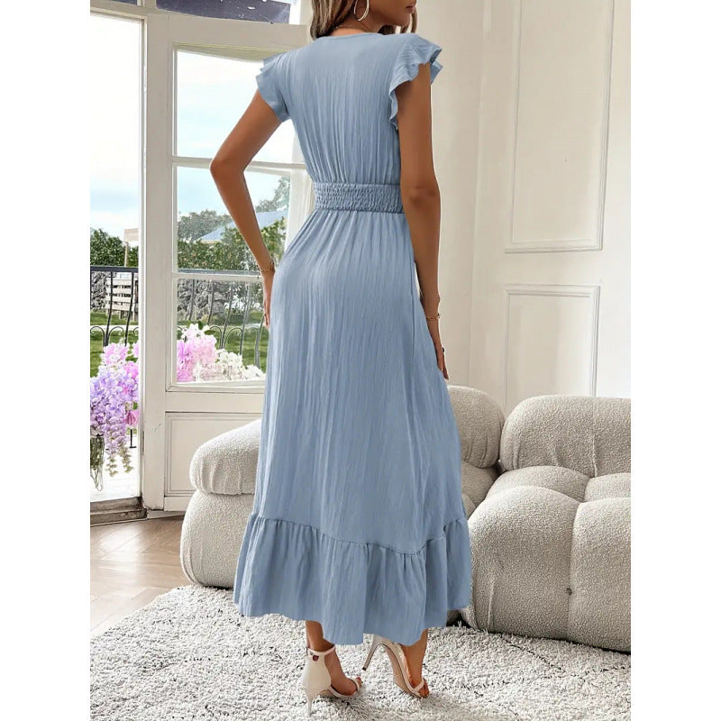 Damen Maxikleid mit voluminösen Rüschenärmel und elegantem Bund EB