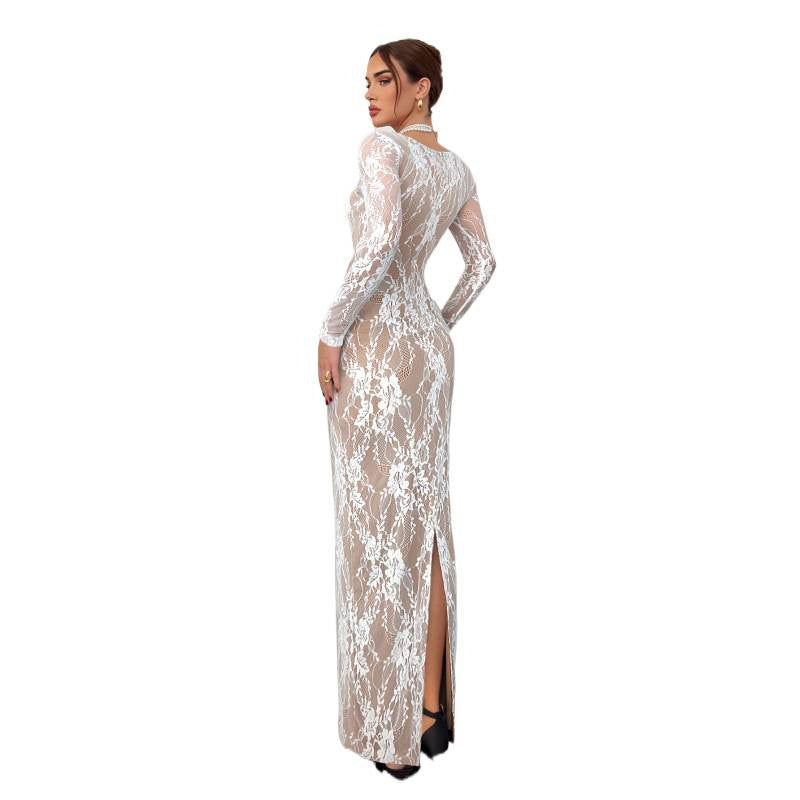 Damen Elegantes Spitzenkleid mit tiefem Rückenausschnitt und transparenten Ärmeln EB