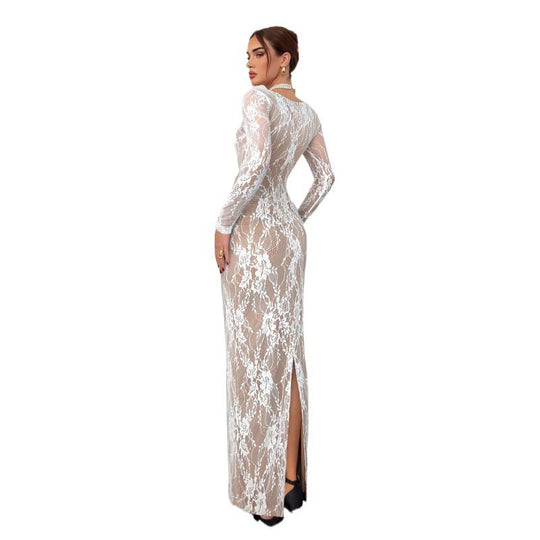 Damen Elegantes Spitzenkleid mit tiefem Rückenausschnitt und transparenten Ärmeln EB