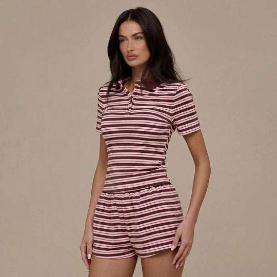 Damen gestreiftes Schlafset mit Poloshirt und Shorts EB