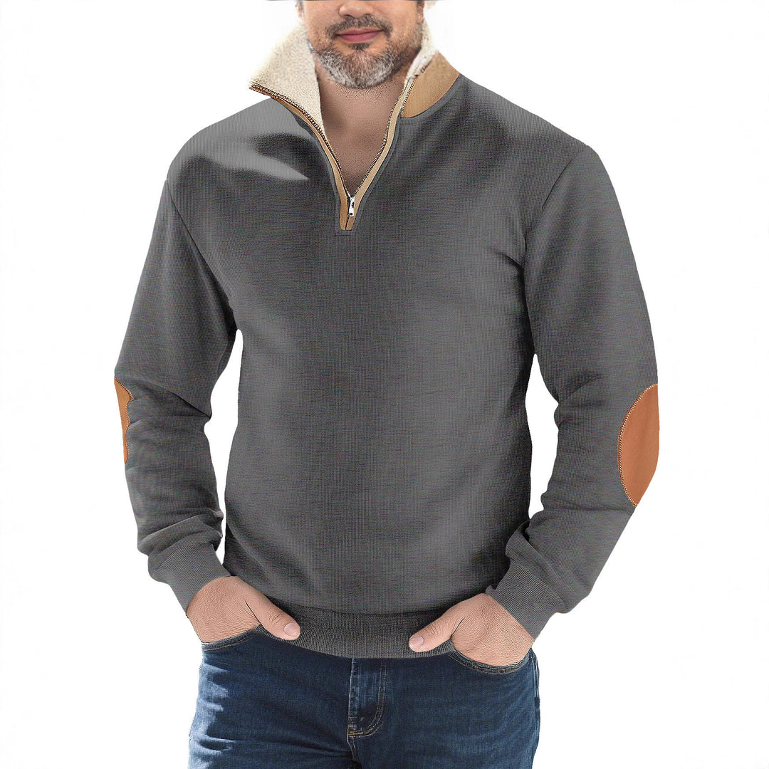 Herren nan Strukturstrick-Halbzipppullover mit wärmendem Sherpa-Kragen und Velours-Ellenbogenapplikation EB