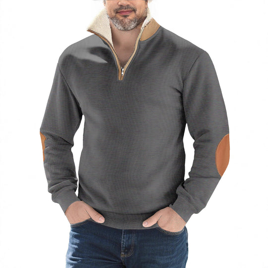Herren nan Strukturstrick-Halbzipppullover mit wärmendem Sherpa-Kragen und Velours-Ellenbogenapplikation EB