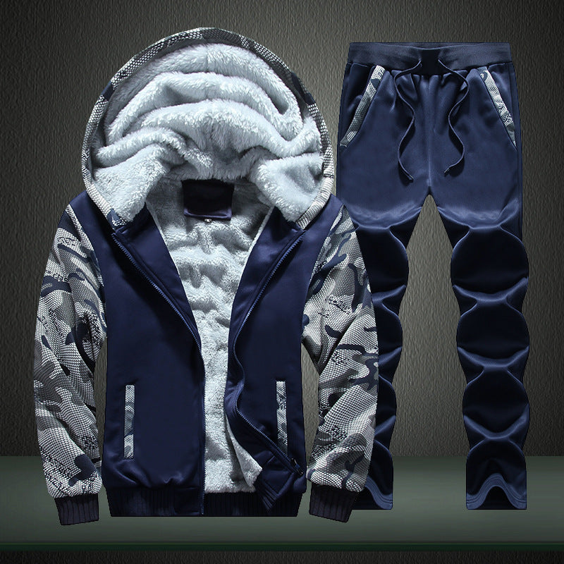 Herren Fleecegefüttertes Freizeit-Trainingsanzug-Set mit Kapuzenjacke und Camouflage-Ärmeln EB