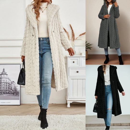 Damen Strickmantel mit Oversized-Kragen und originellen Zopfmuster EB