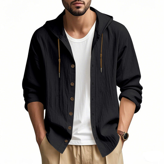 Herren nan leichtes Kapuzenhemdjacke aus Leinenoptik mit durchgehender Knopfleiste EB