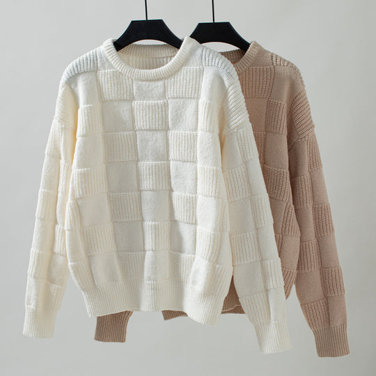 Damen Strickpullover mit modischem Karomuster und lässigem Schnitt EB