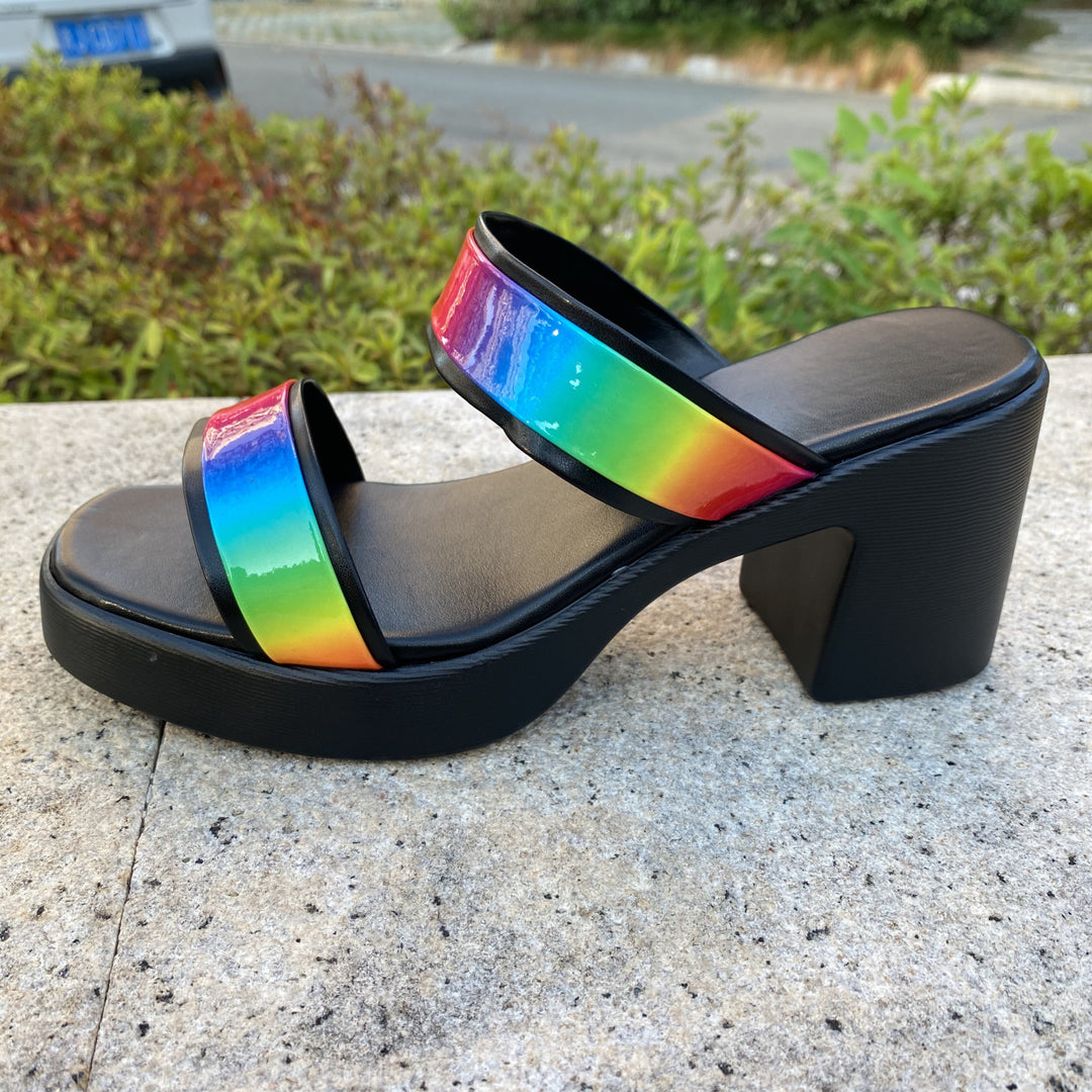 Damen Plateau-Sandalen mit regenbogenfarbenem Glanz und bequemem Absatz EB