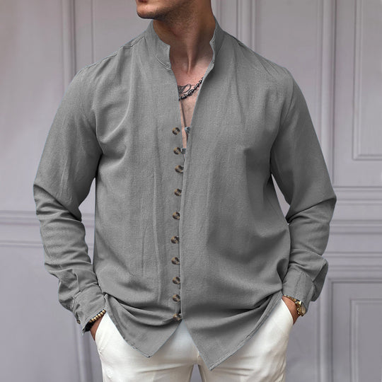 Herren nan elegantes Langarm-Leinenhemd mit Stehkragen asymmetrischer Knopfleiste und schmaler Passform EB