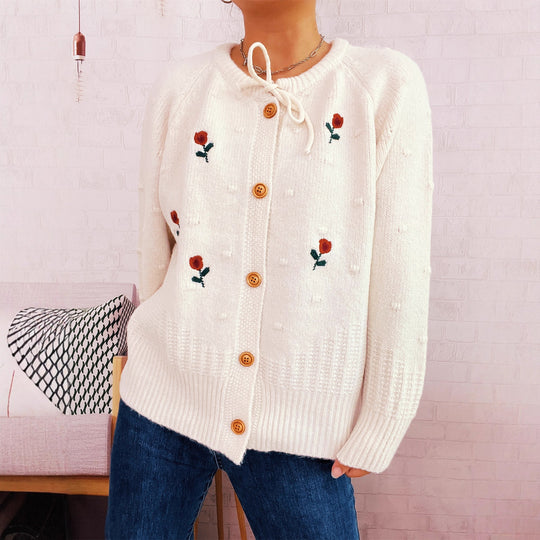 Damen Strickjacke mit floralem Stickdesign und Knopfverschluss EB