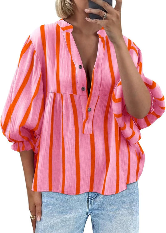 Damen oversize Bluse mit Streifenmuster und Knopfleiste EB