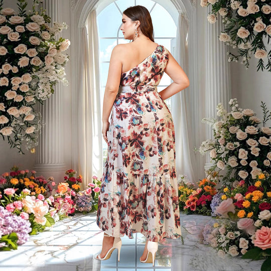 Damen A-Linien Maxikleid mit asymmetrischem Saum und floralem Design EB