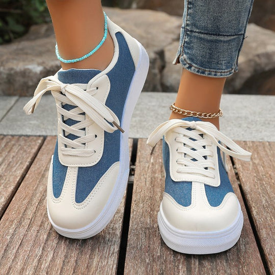 Damen Plateau‑Sneaker im Denim‑Look mit gepolstertem Komfortfußbett und Elastik‑Schnürung EB