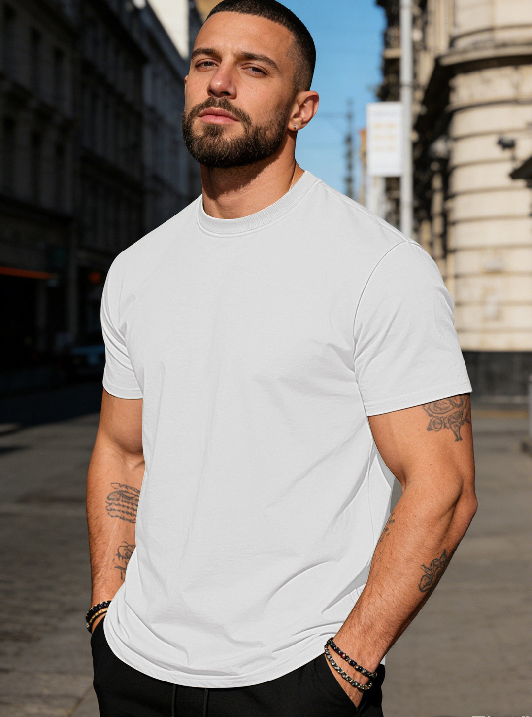 Herren nan körperbetontes hochwertiges Baumwollshirt mit Rundhalsausschnitt EB