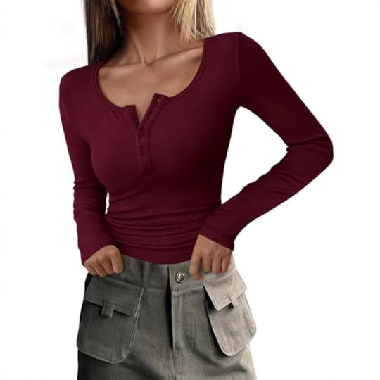 Damen Langärmeliges Rippshirt mit Henley-Knopfleiste und taillierter Passform EB