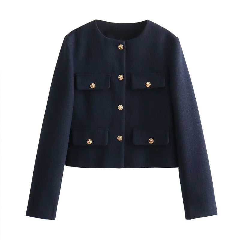 Damen Modische Kurzjacke mit dekorativen Knöpfen und praktischen Taschen EB