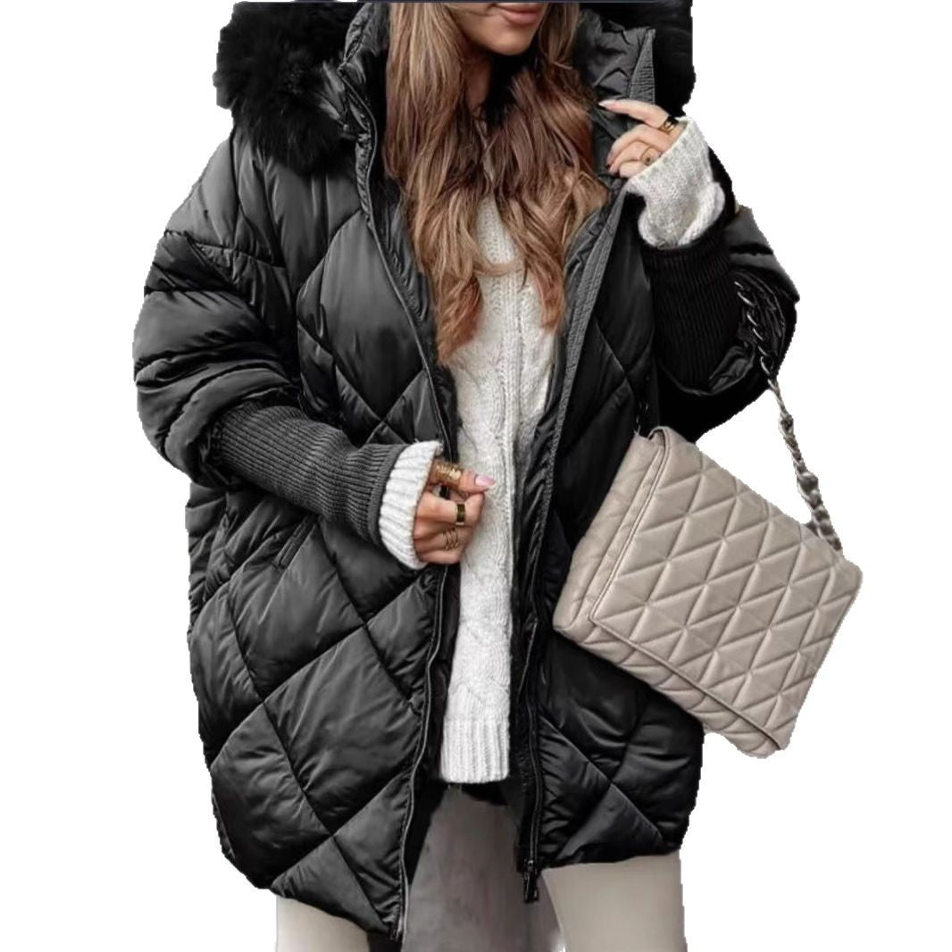 Damen Oversized Steppjacke mit abnehmbarem Kunstfellkragen EB