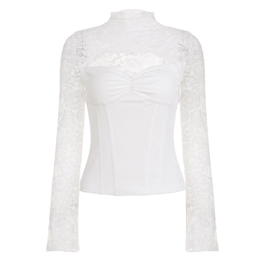 Damen Spitzenbluse mit schickem Halsteil und raffinierter Passform EB