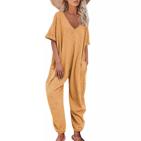 Damen Oversized Jumpsuit mit tiefem V-Ausschnitt und lässigen Taschen EB