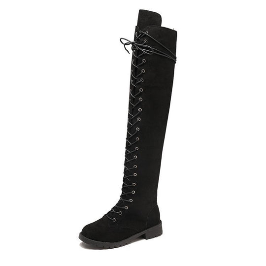 Damen Überknee-Stiefel mit modischem Schnür-Design und robustem Profil EB