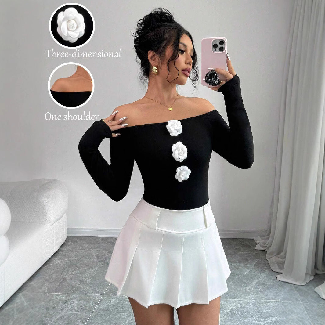 Damen Off-Shoulder Shirt mit dreidimensionalen Rosenapplikationen EB