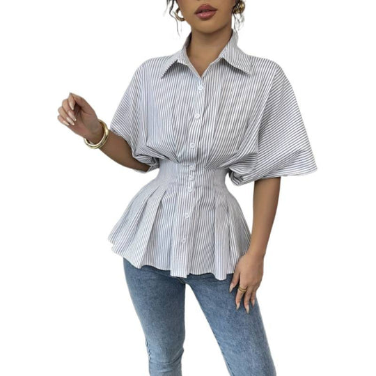 Damen taillierte Bluse mit Puffärmeln und Streifenmuster EB