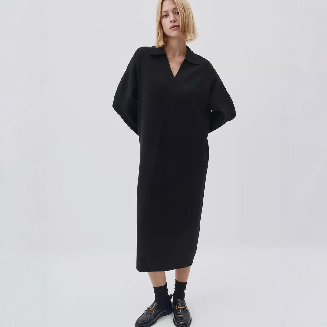 Damen Übergröße Strickkleid mit modernem Polokragen und langen Ärmeln EB