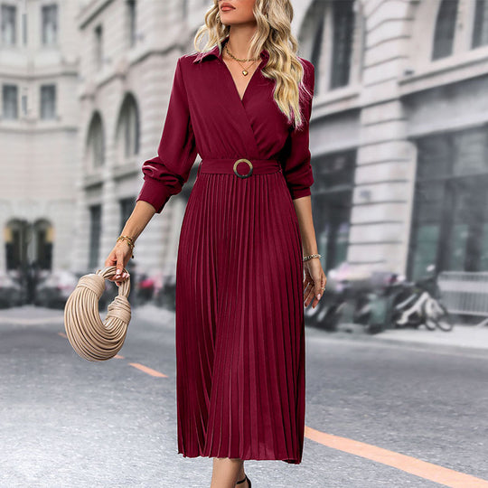 Damen Plissiertes Wickel-Midikleid mit Hemdkragen, Taillengürtel und langen Manschettenärmeln EB