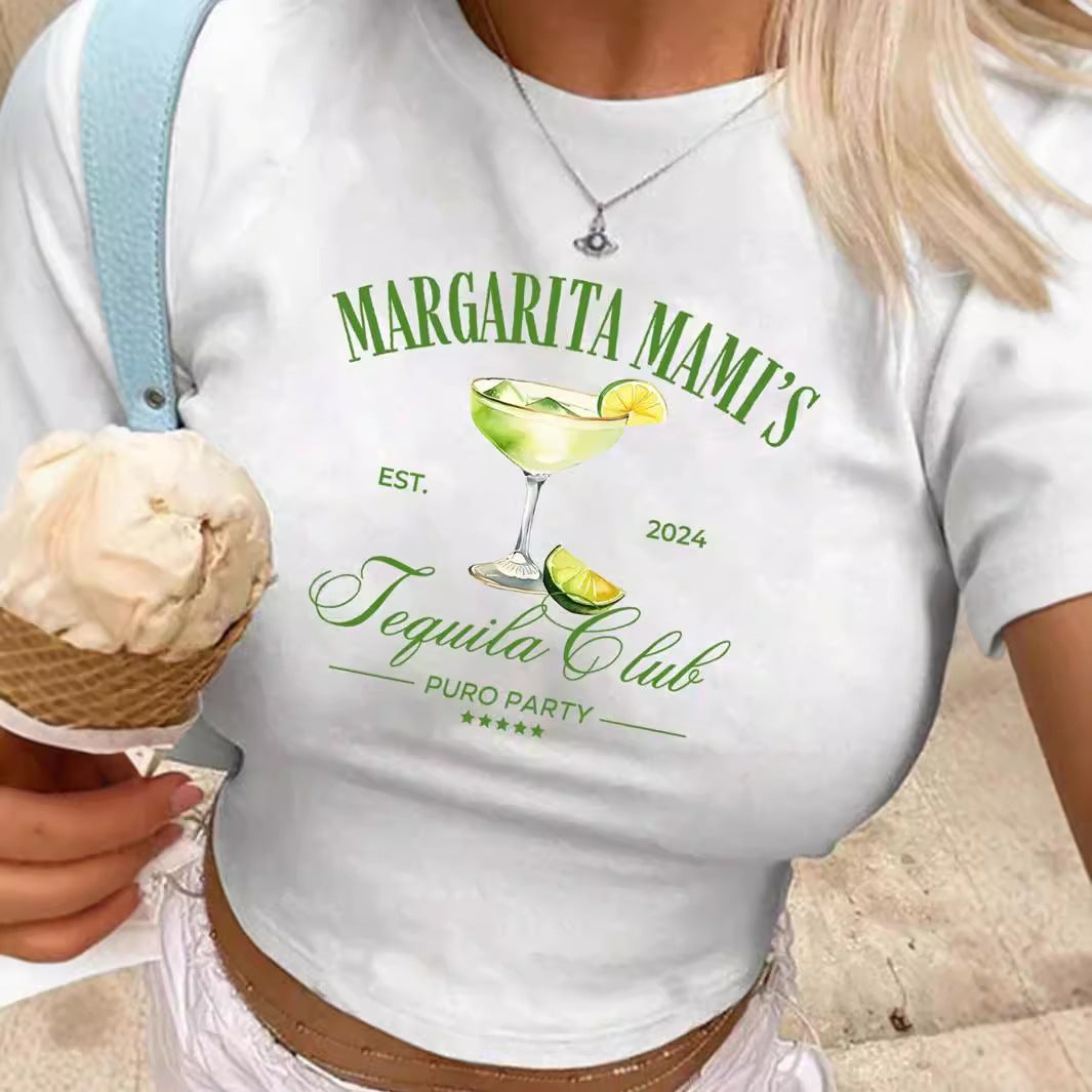 Damen Crop-T-Shirt mit kreativem Cocktail-Design EB