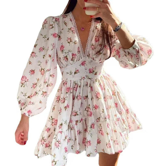 Damen Boho-florales Minikleid mit V-Ausschnitt und Puffärmeln EB