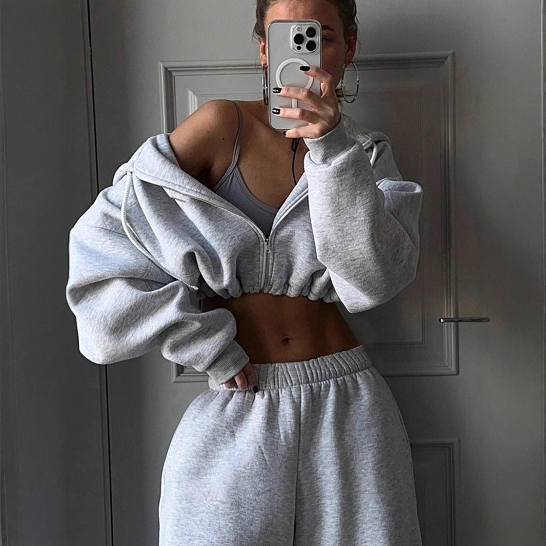 Damen nan kurzes Zip-Hoodie Cropped Sweatshirt mit Kordelzug, angesetzten Ballonärmeln und elastischem Saum EB