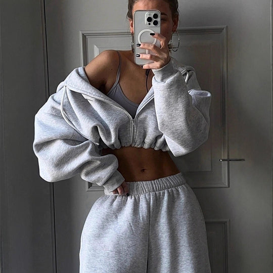 Damen nan kurzes Zip-Hoodie Cropped Sweatshirt mit Kordelzug, angesetzten Ballonärmeln und elastischem Saum EB